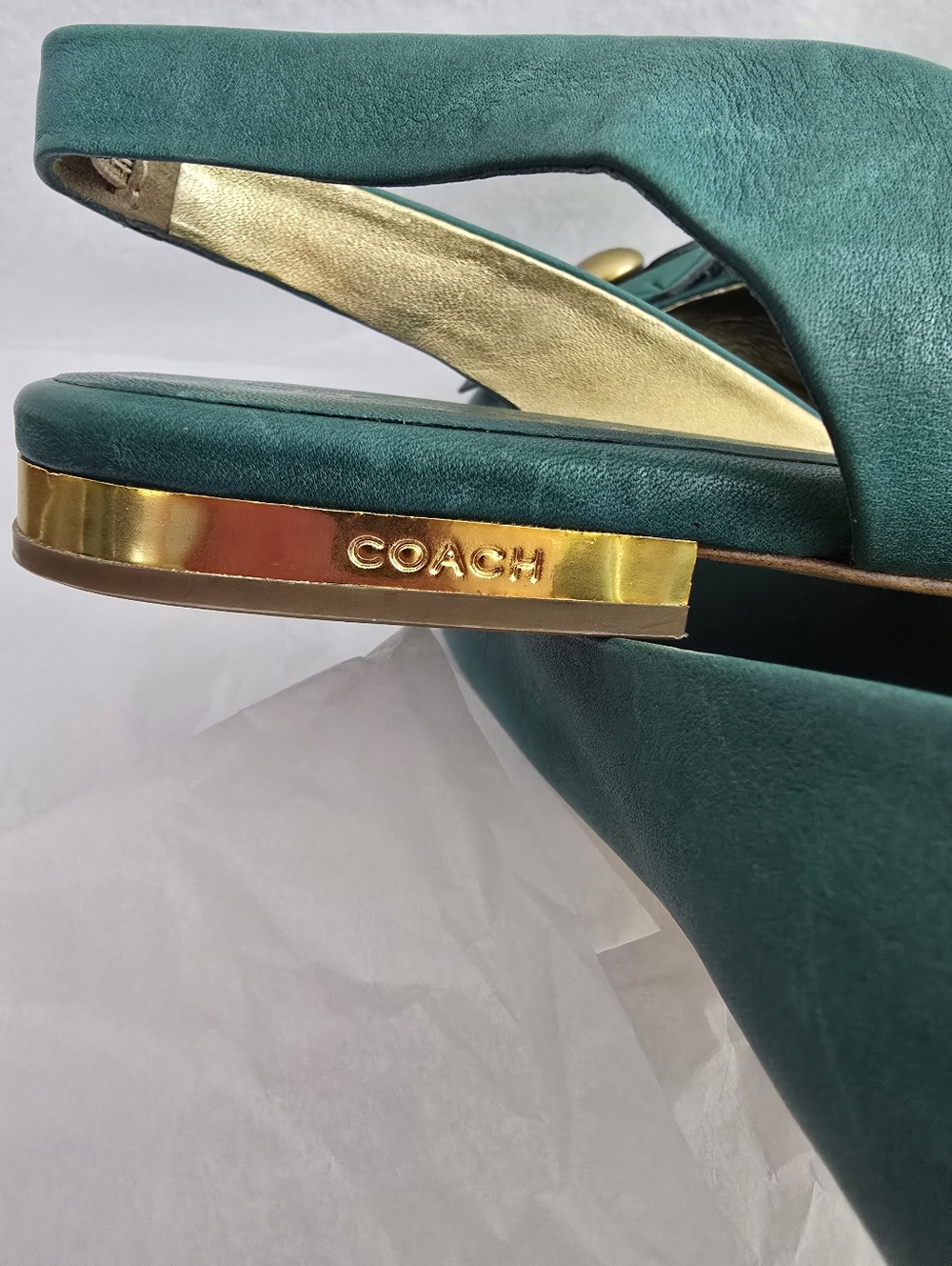 COACH Est. 1941 Teal Green Leather Floral Slingback Peep Toe Heels - Sz 8.5 NWOB - Picture 8 of 11